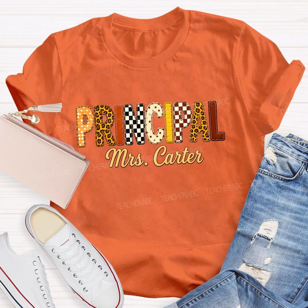 Personalized Principal Name Leopard Letter Teacher T-shirt