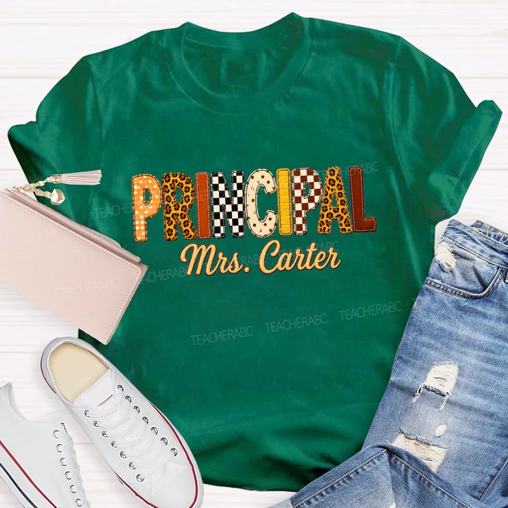 Personalized Principal Name Leopard Letter Teacher T-shirt