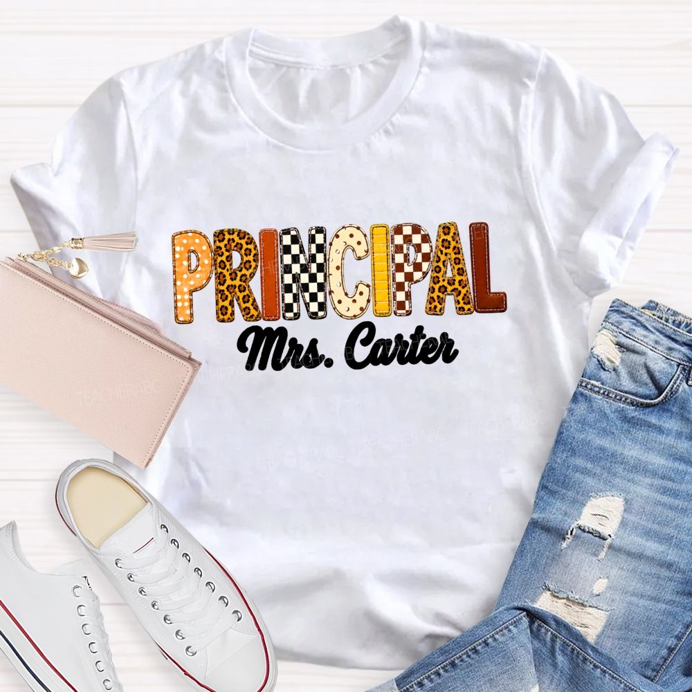 Personalized Principal Name Leopard Letter Teacher T-shirt