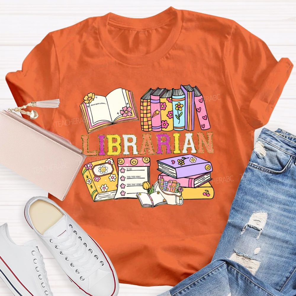 Librarian Glitter Letter Books Teacher T-shirt