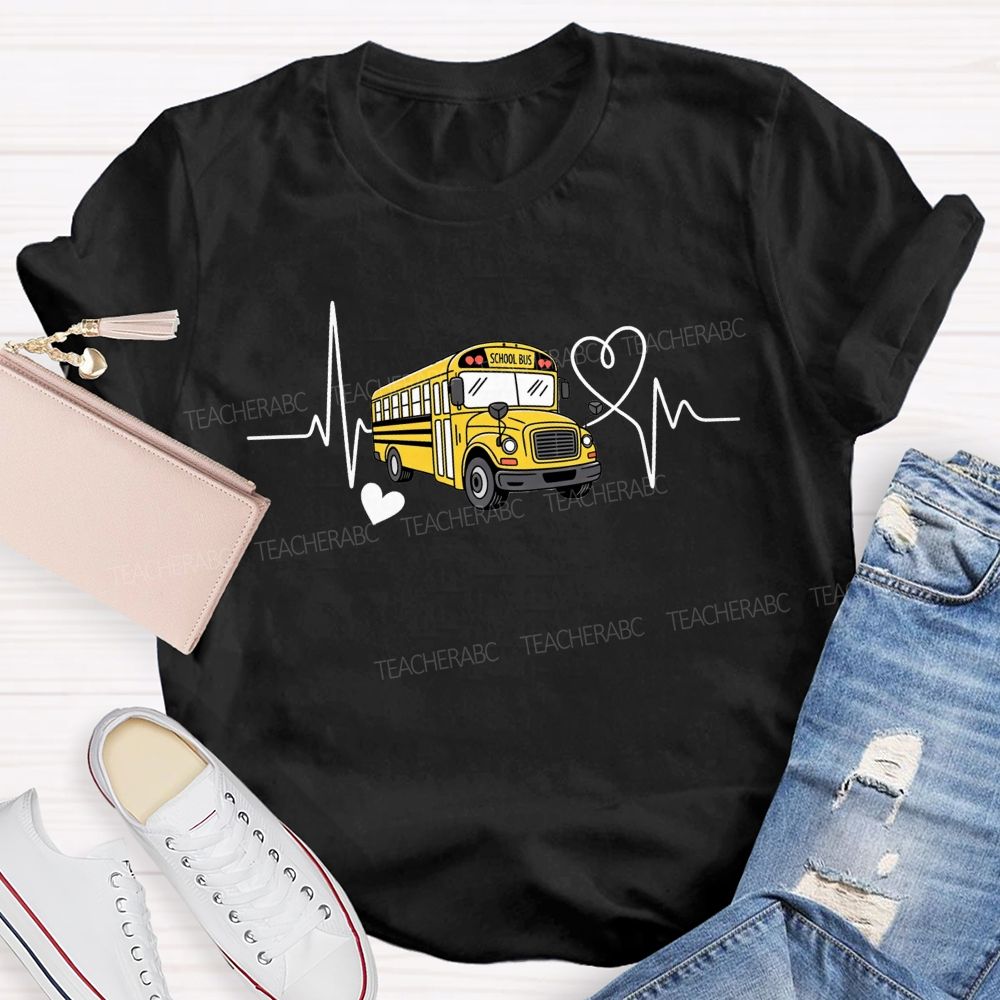 Yellow School Bus Ecg Heartbeat Line Love Heart T-shirt