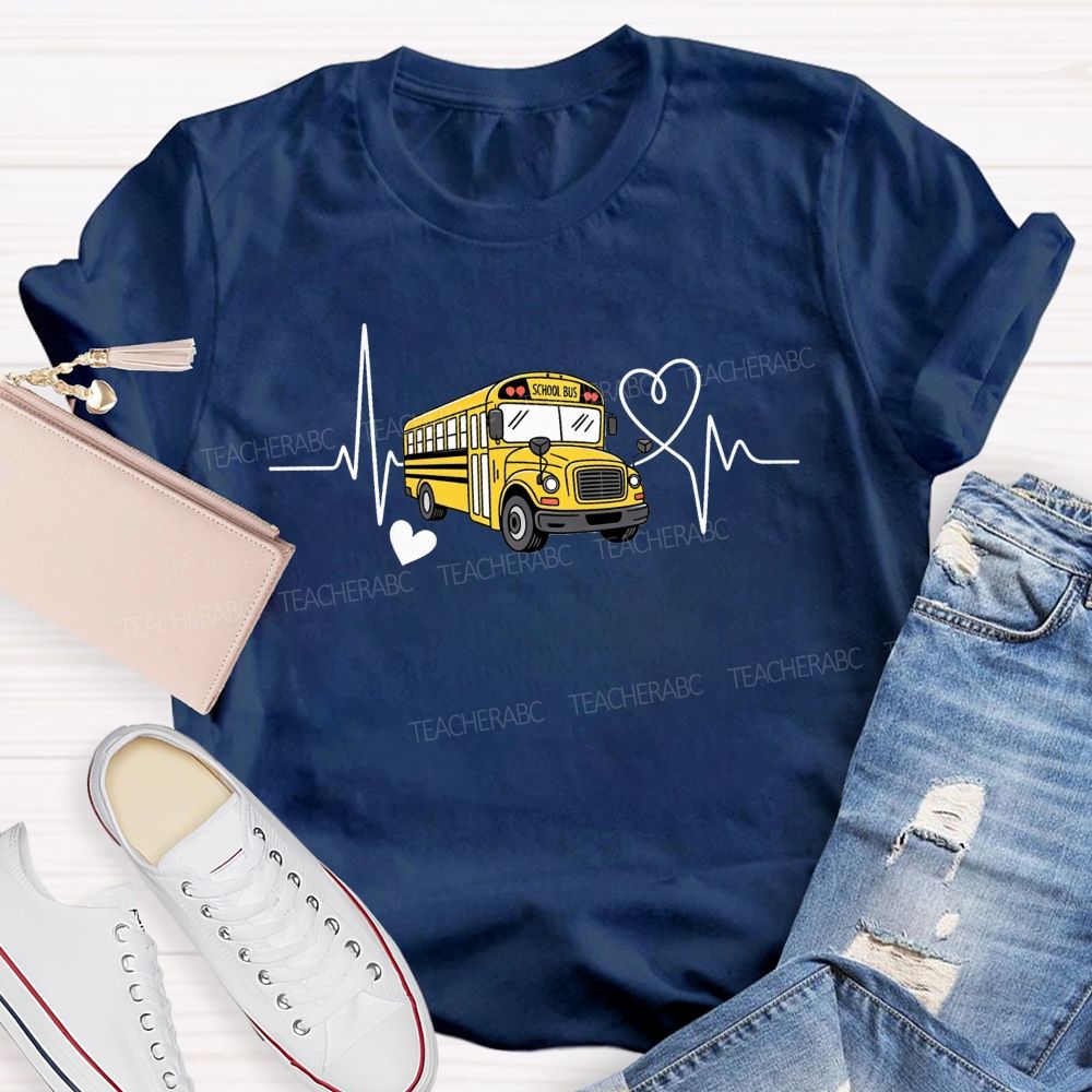 Yellow School Bus Ecg Heartbeat Line Love Heart T-shirt