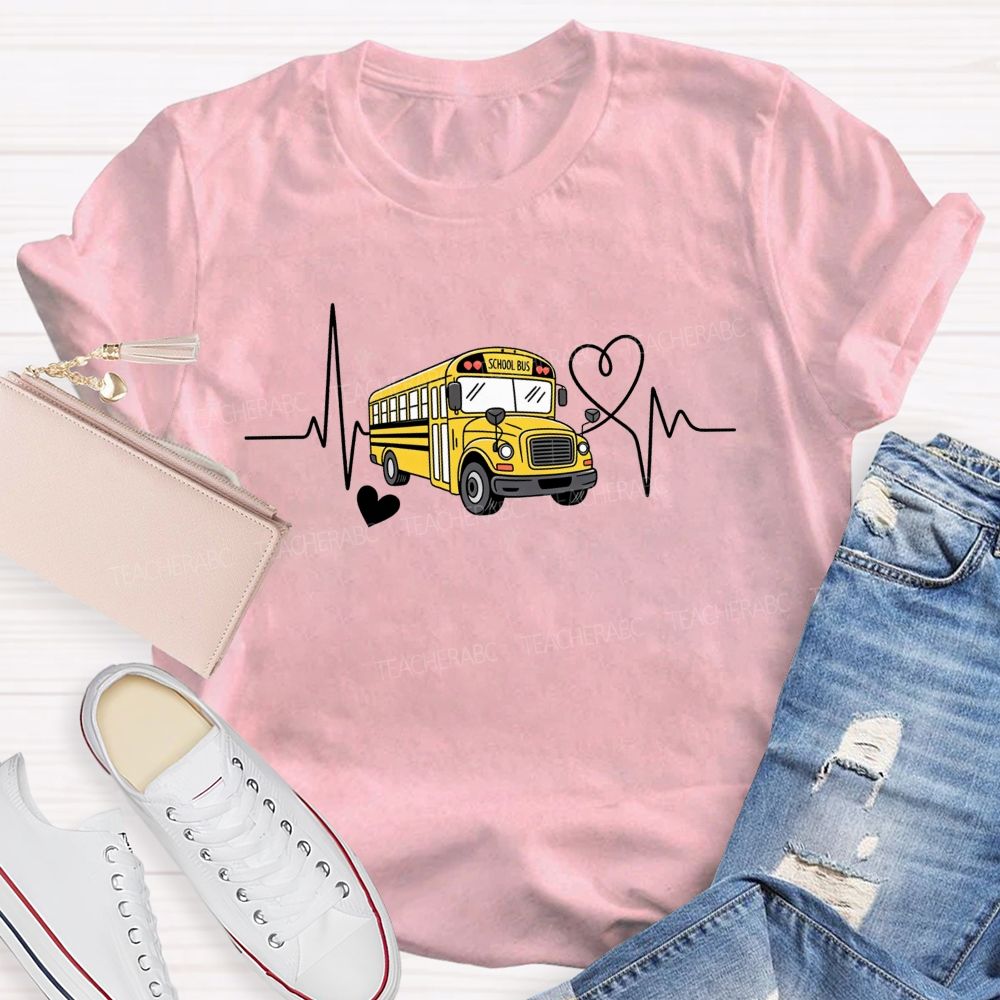 Yellow School Bus Ecg Heartbeat Line Love Heart T-shirt