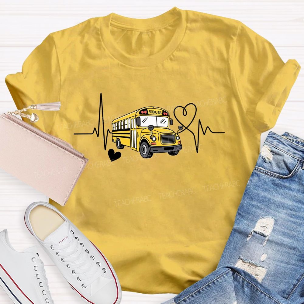 Yellow School Bus Ecg Heartbeat Line Love Heart T-shirt