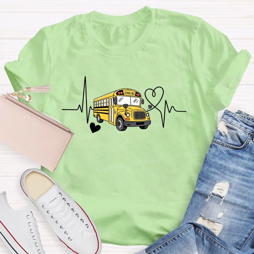 Yellow School Bus Ecg Heartbeat Line Love Heart T-shirt