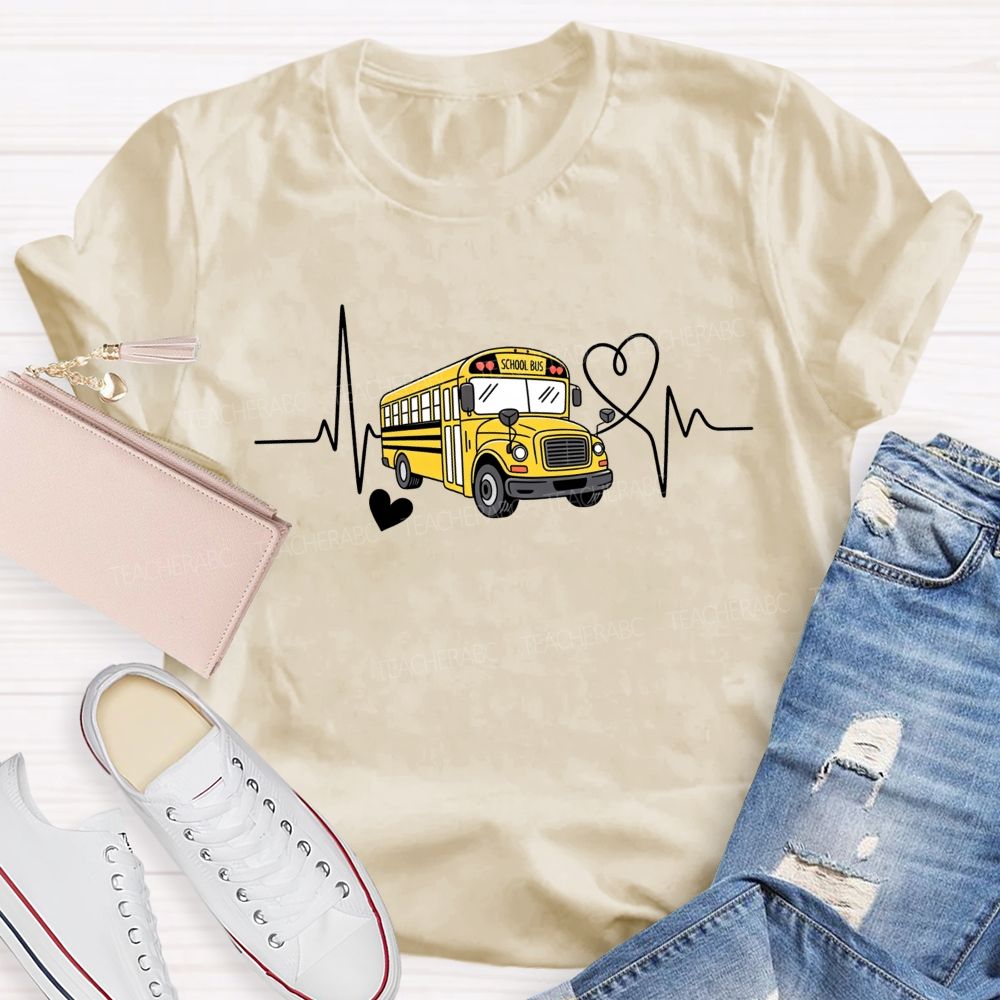 Yellow School Bus Ecg Heartbeat Line Love Heart T-shirt