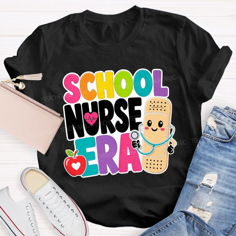 School Nurse Era Cartoon Bandaid Character Red Apple T-shirt