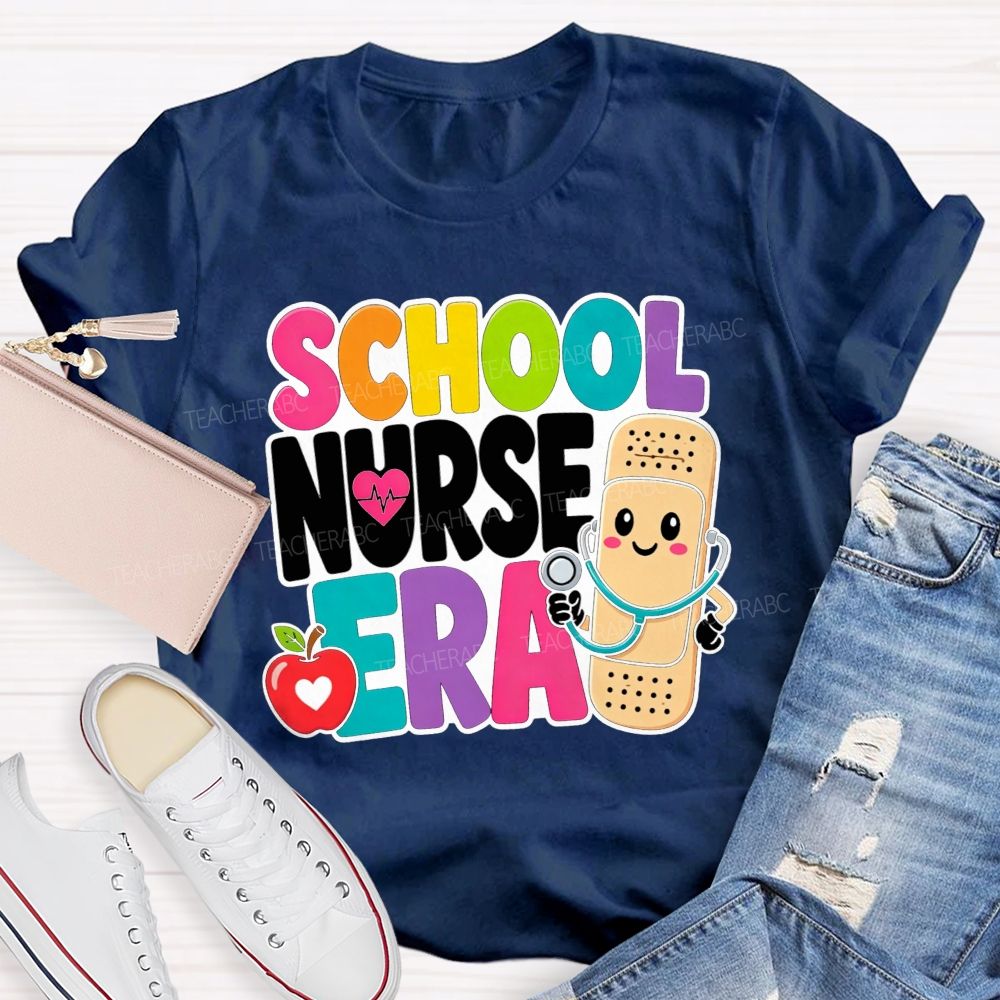 School Nurse Era Cartoon Bandaid Character Red Apple T-shirt