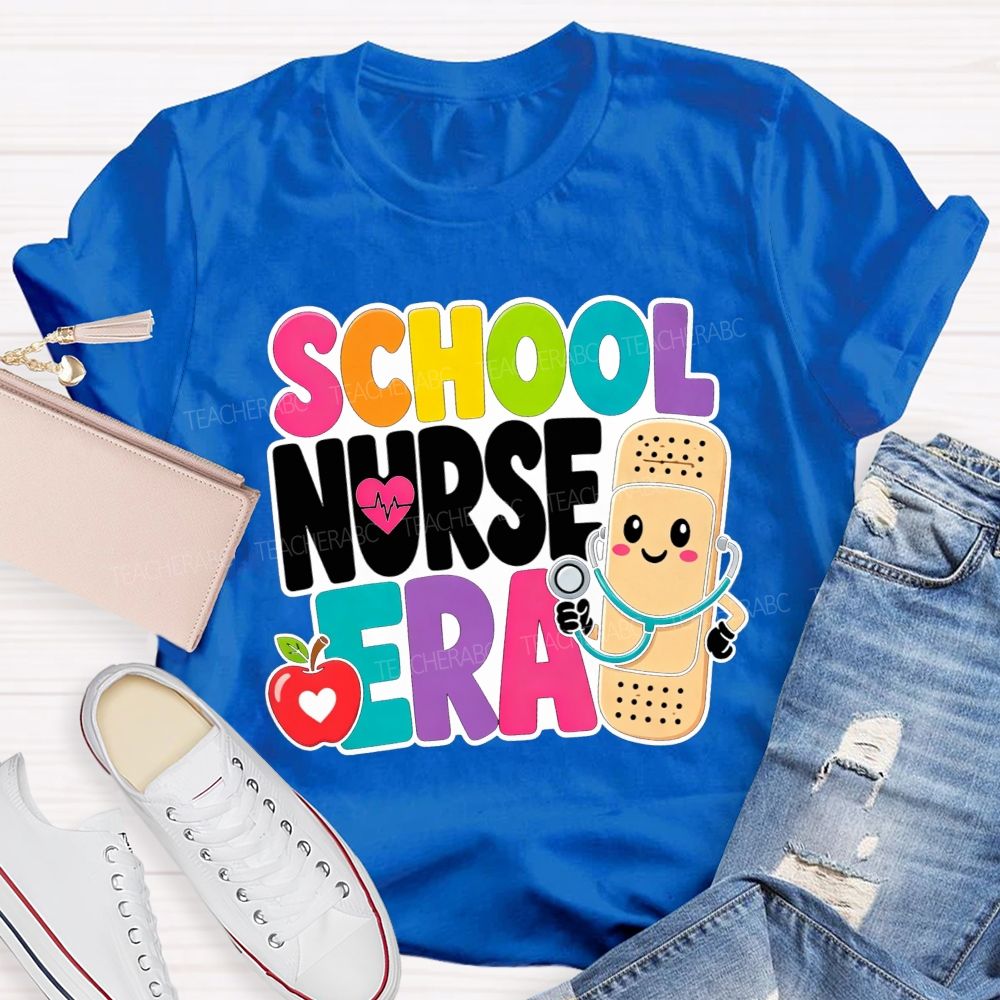 School Nurse Era Cartoon Bandaid Character Red Apple T-shirt