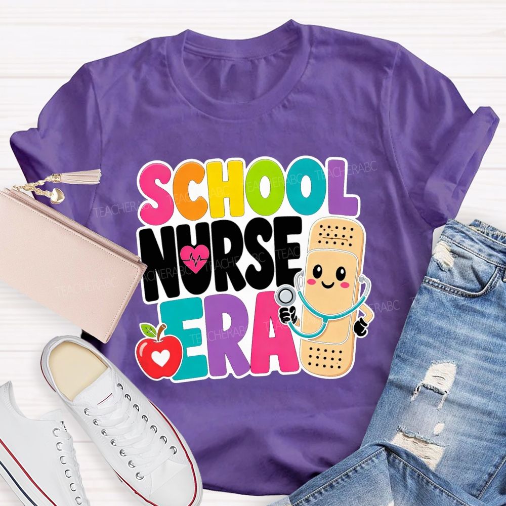 School Nurse Era Cartoon Bandaid Character Red Apple T-shirt