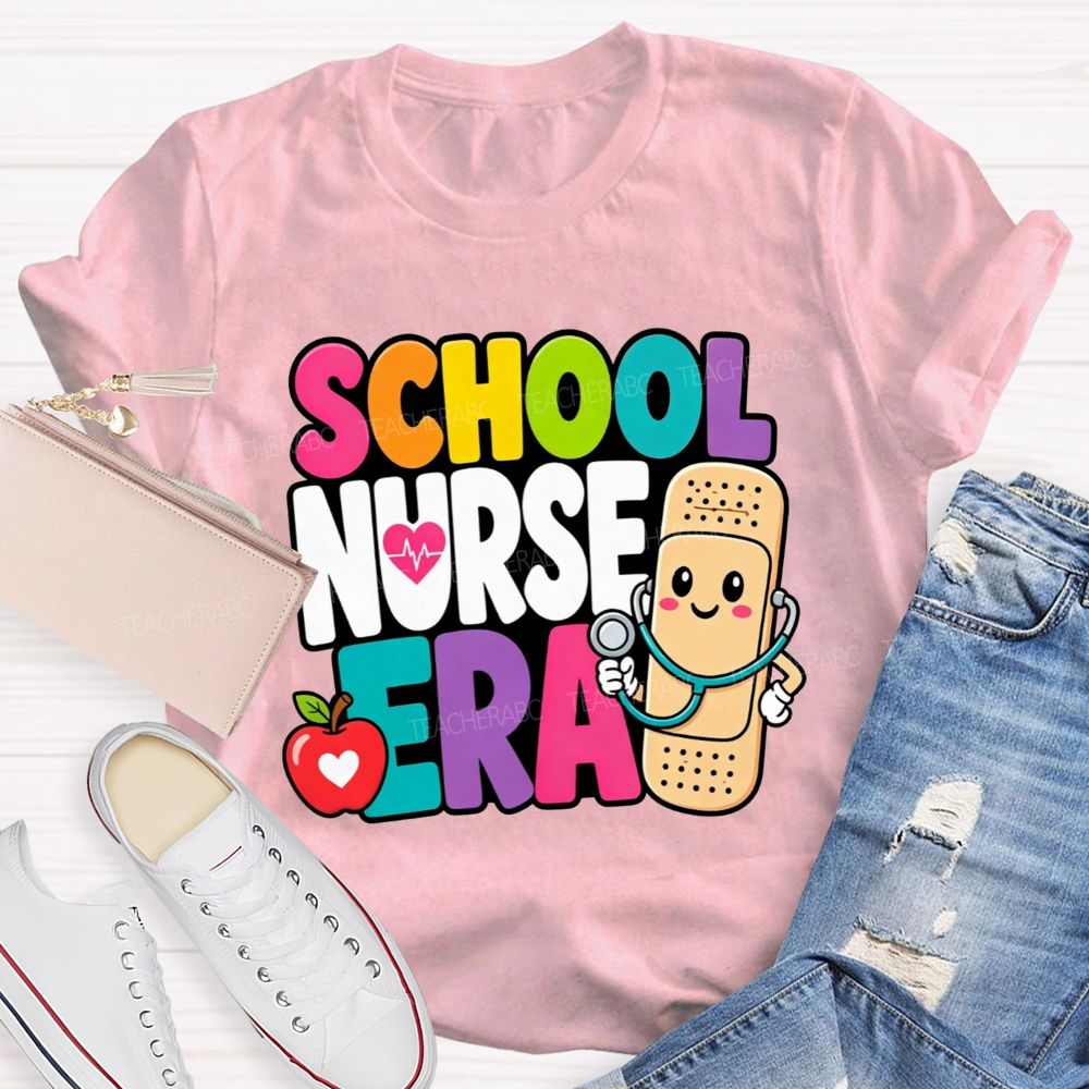 School Nurse Era Cartoon Bandaid Character Red Apple T-shirt