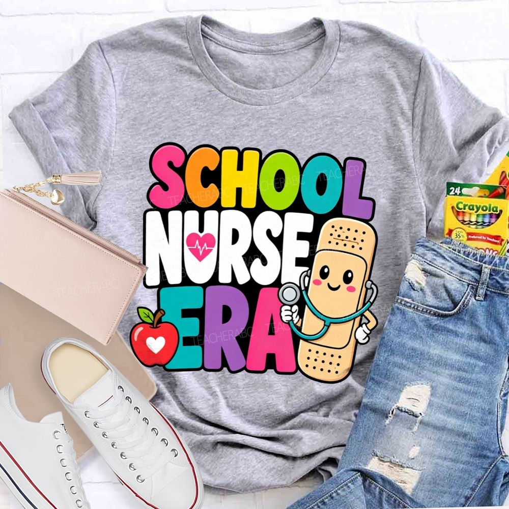 School Nurse Era Cartoon Bandaid Character Red Apple T-shirt