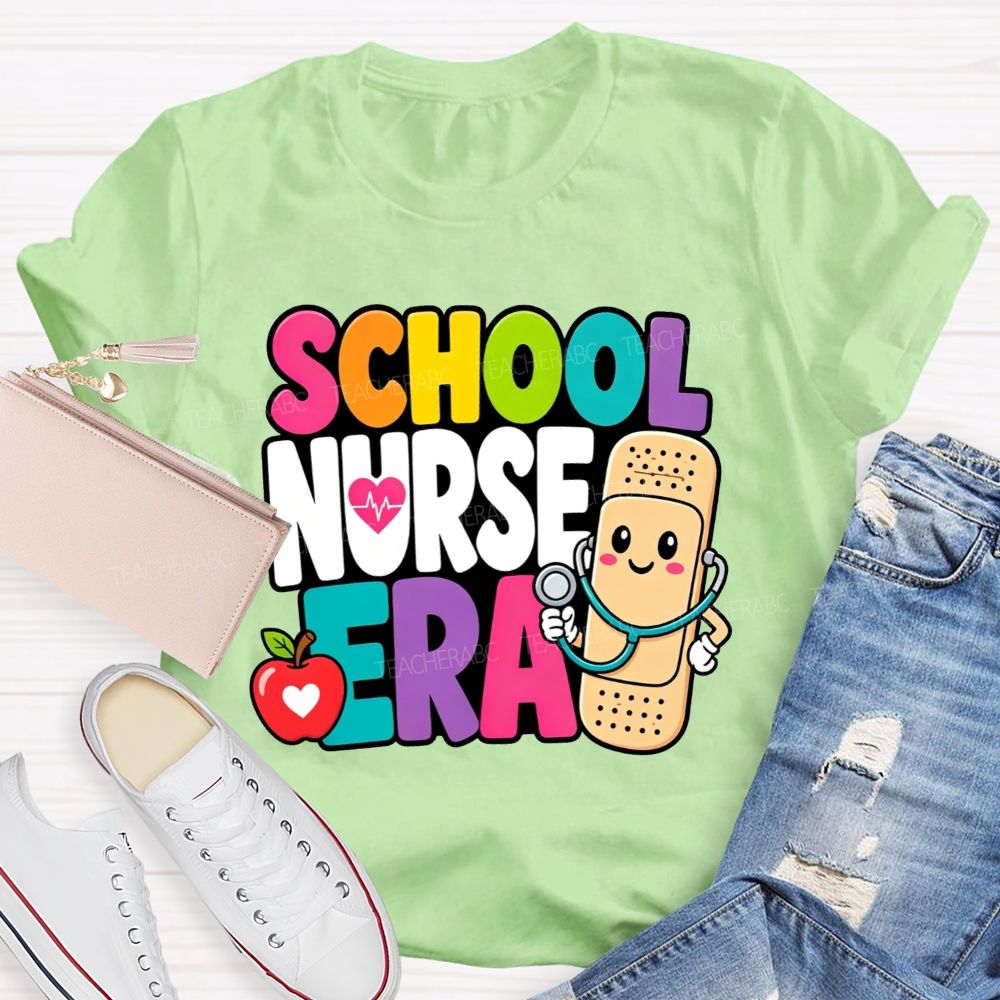 School Nurse Era Cartoon Bandaid Character Red Apple T-shirt