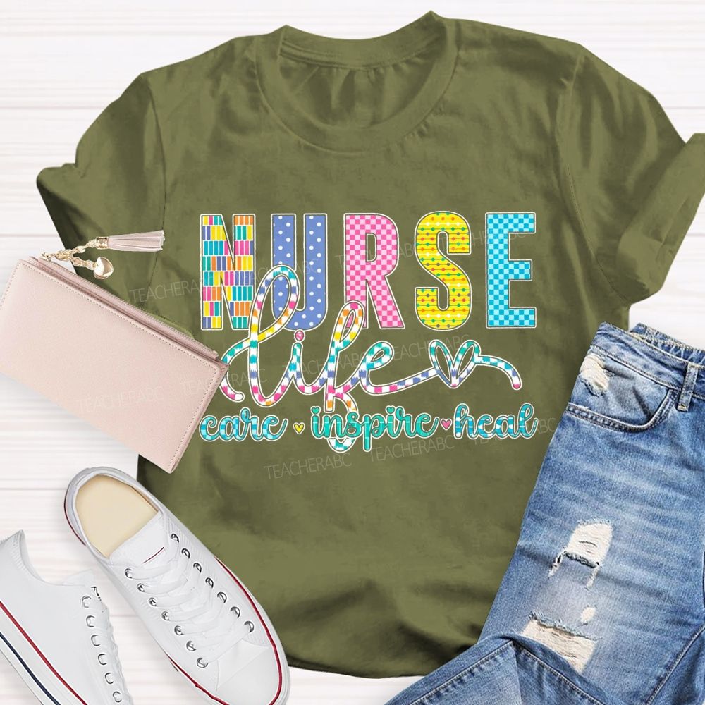 Nurse Life Care Inspire Heal Colorful Checkered Plaid T-shirt
