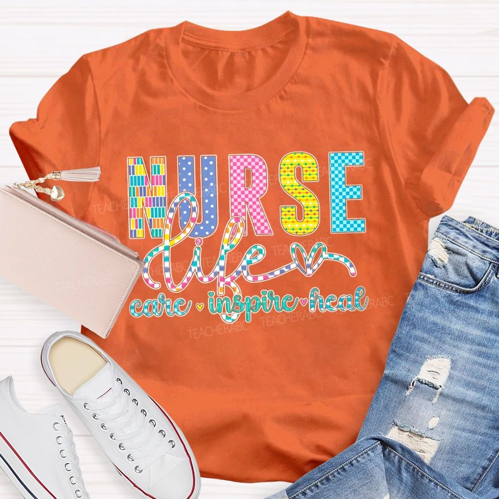 Nurse Life Care Inspire Heal Colorful Checkered Plaid T-shirt