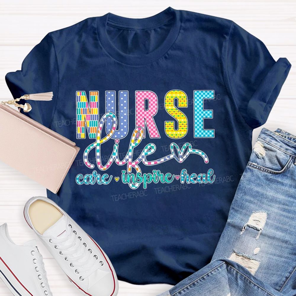 Nurse Life Care Inspire Heal Colorful Checkered Plaid T-shirt