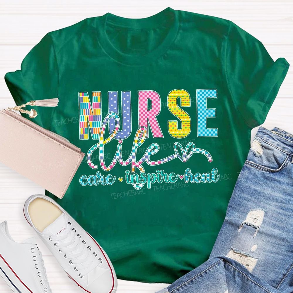 Nurse Life Care Inspire Heal Colorful Checkered Plaid T-shirt