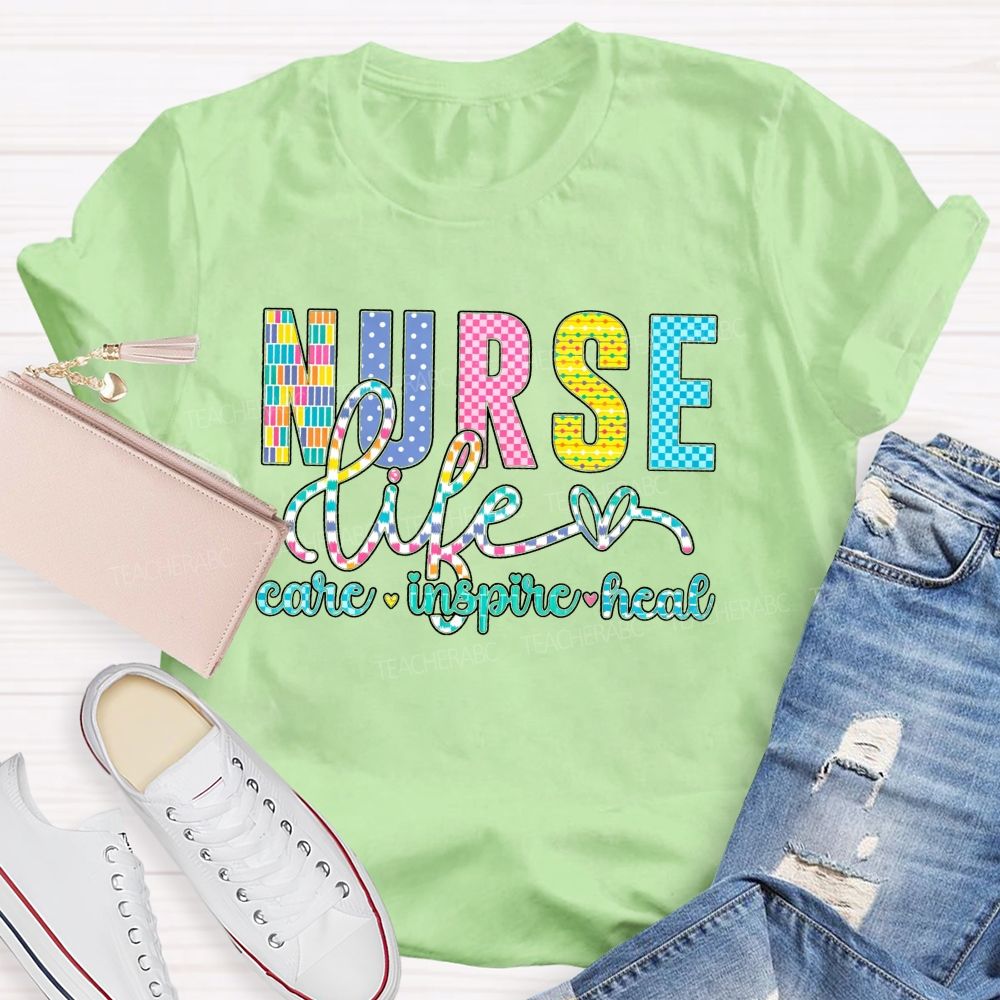 Nurse Life Care Inspire Heal Colorful Checkered Plaid T-shirt