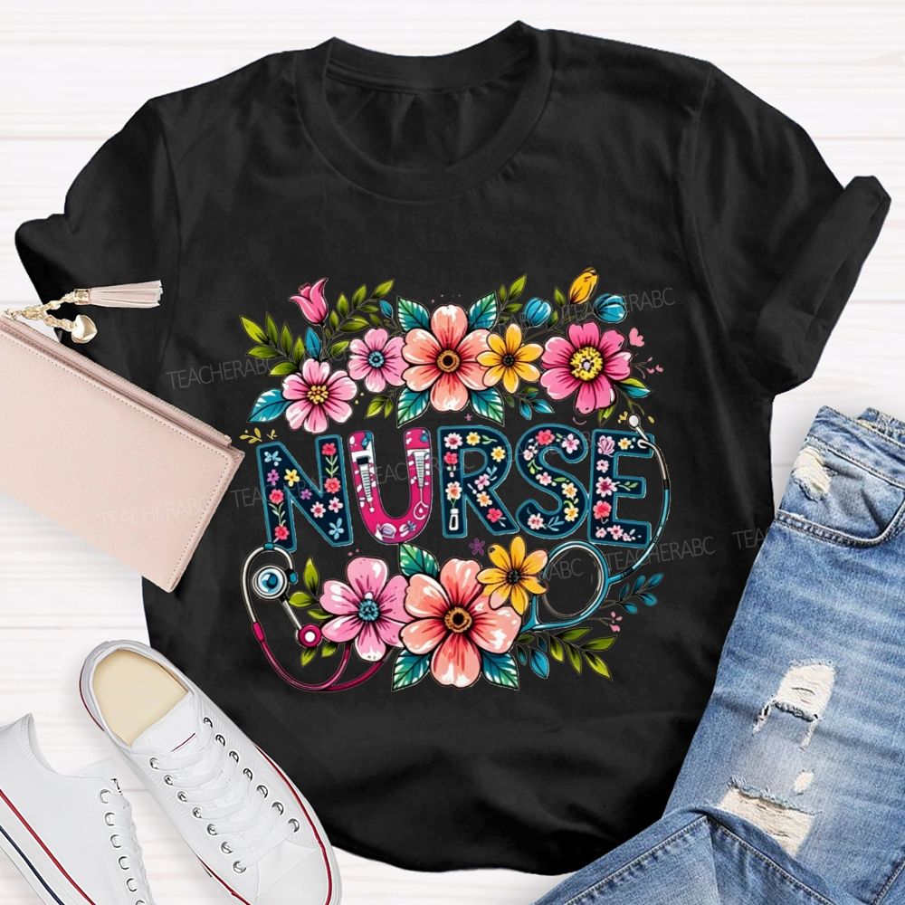 Nurse Lettering Wildflowers Stethoscope Boho Flower T-shirt