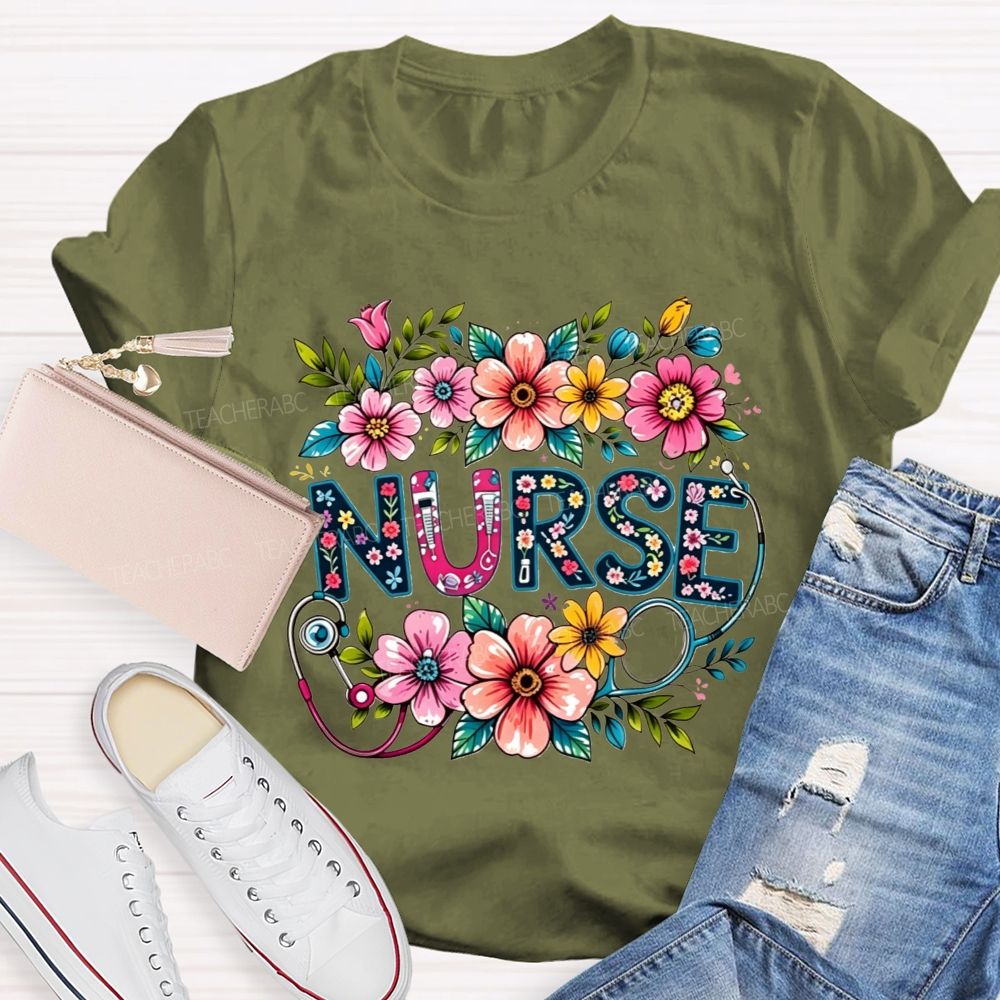 Nurse Lettering Wildflowers Stethoscope Boho Flower T-shirt