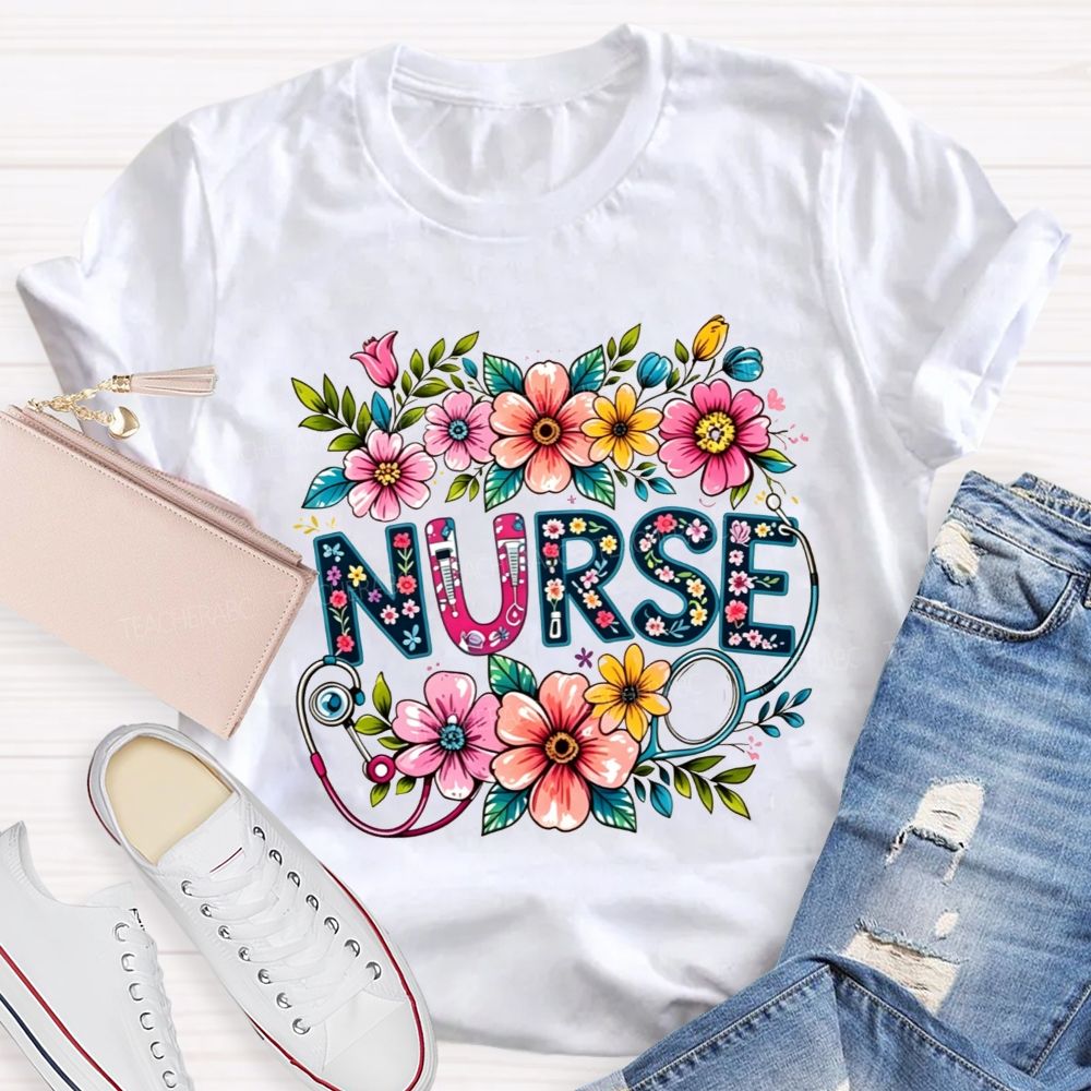 Nurse Lettering Wildflowers Stethoscope Boho Flower T-shirt