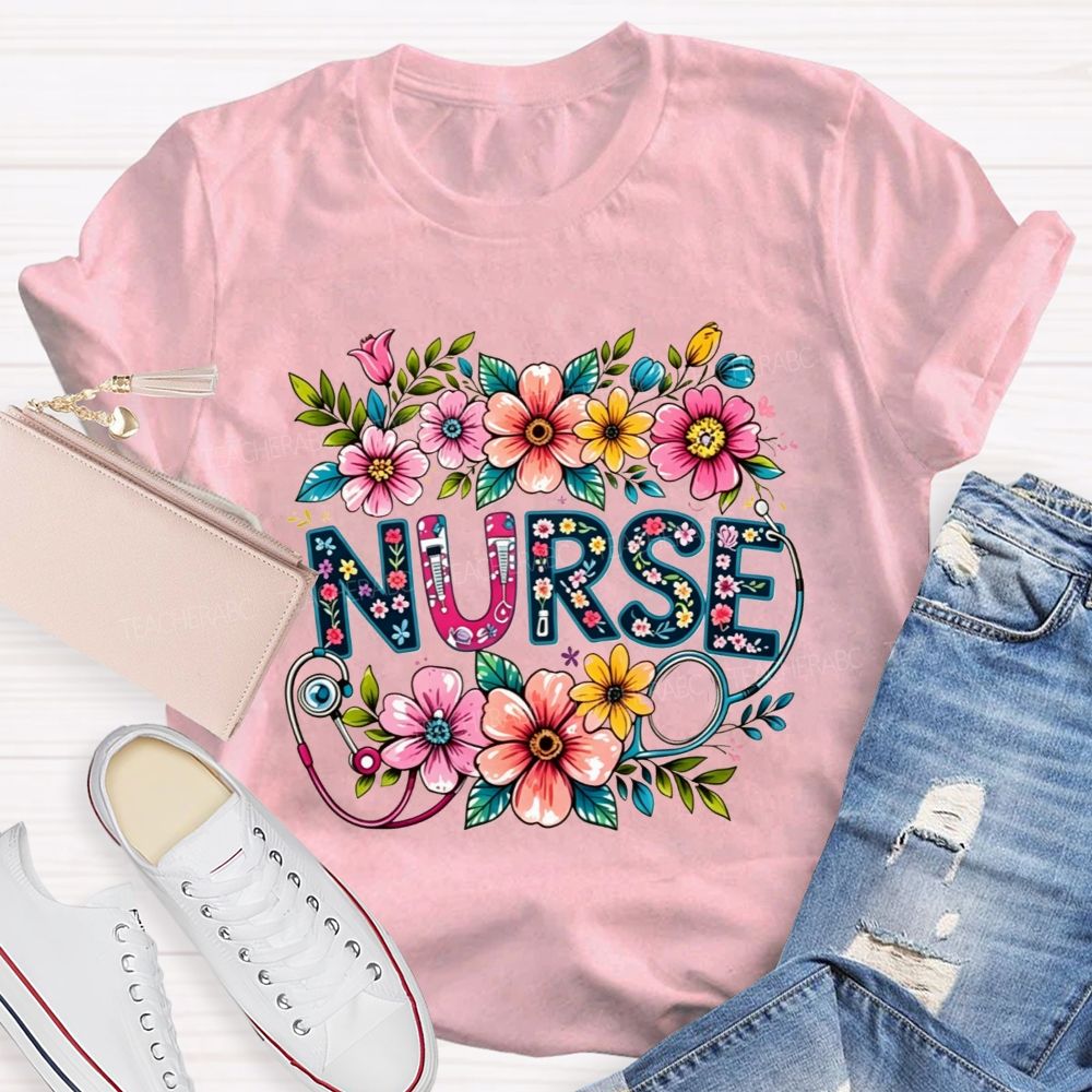 Nurse Lettering Wildflowers Stethoscope Boho Flower T-shirt