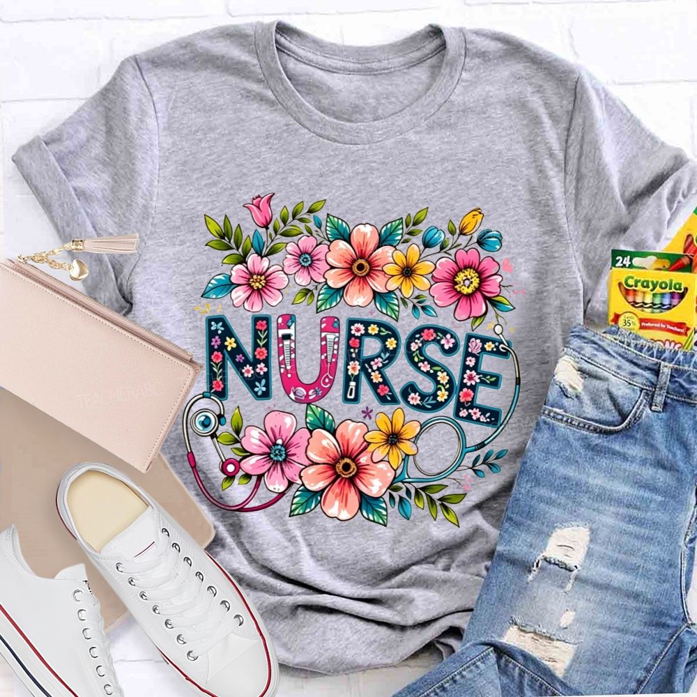Nurse Lettering Wildflowers Stethoscope Boho Flower T-shirt