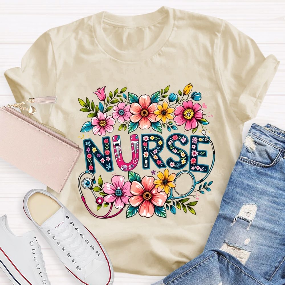 Nurse Lettering Wildflowers Stethoscope Boho Flower T-shirt