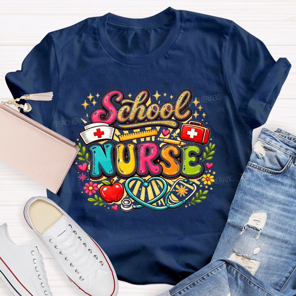 School Nurse Graphic Stethoscope Nurse Cap Apple T-shirt