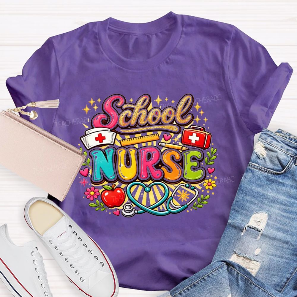 School Nurse Graphic Stethoscope Nurse Cap Apple T-shirt