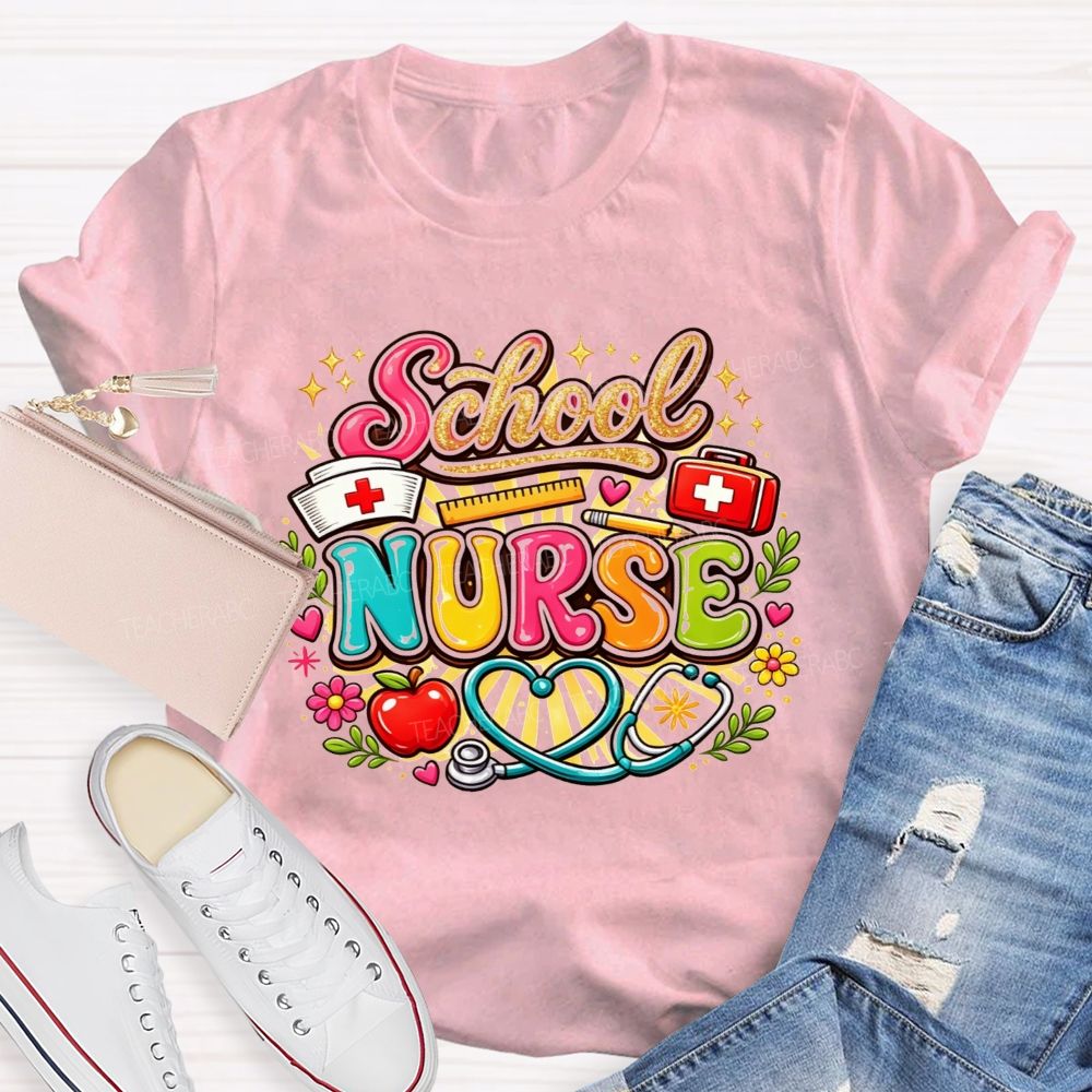 School Nurse Graphic Stethoscope Nurse Cap Apple T-shirt