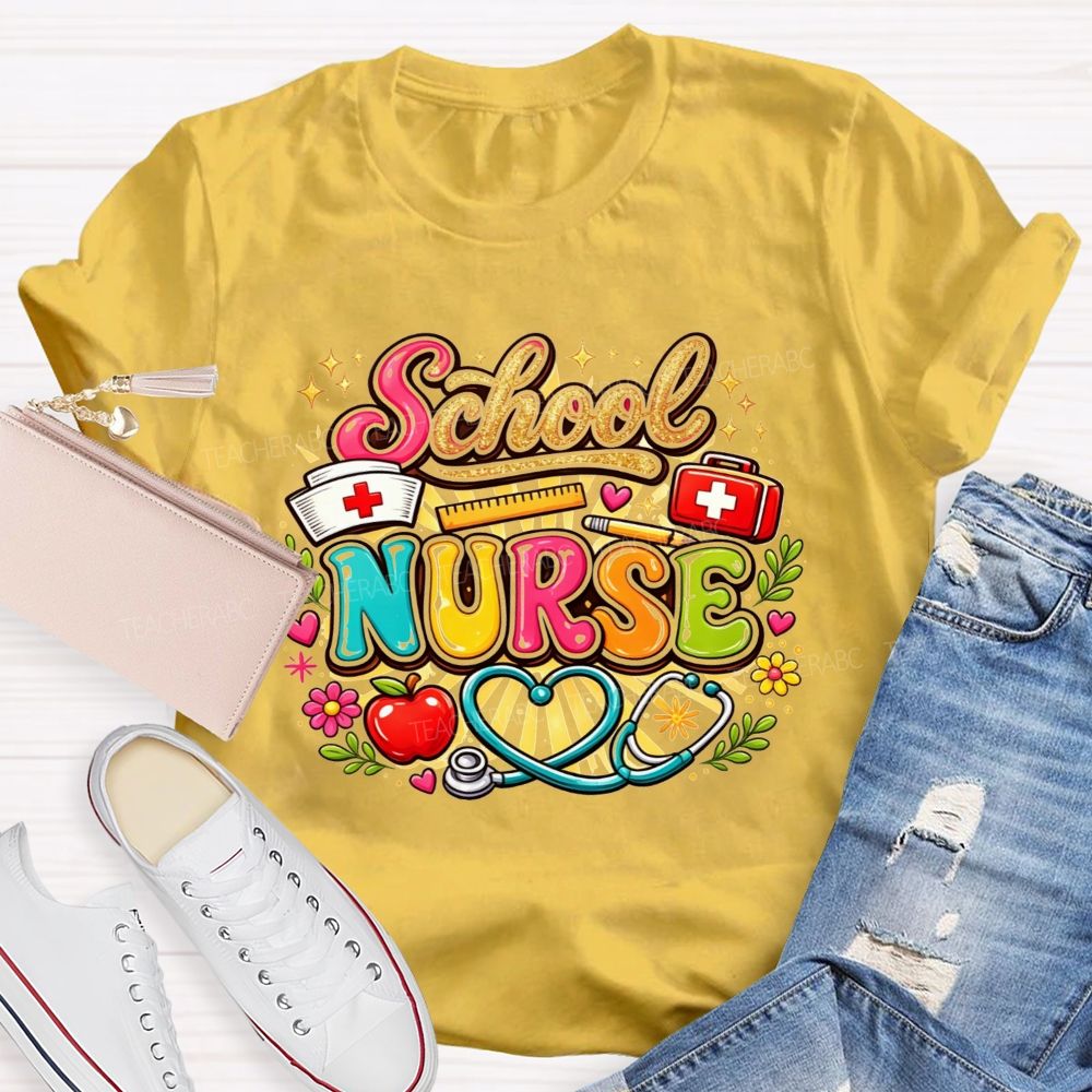 School Nurse Graphic Stethoscope Nurse Cap Apple T-shirt