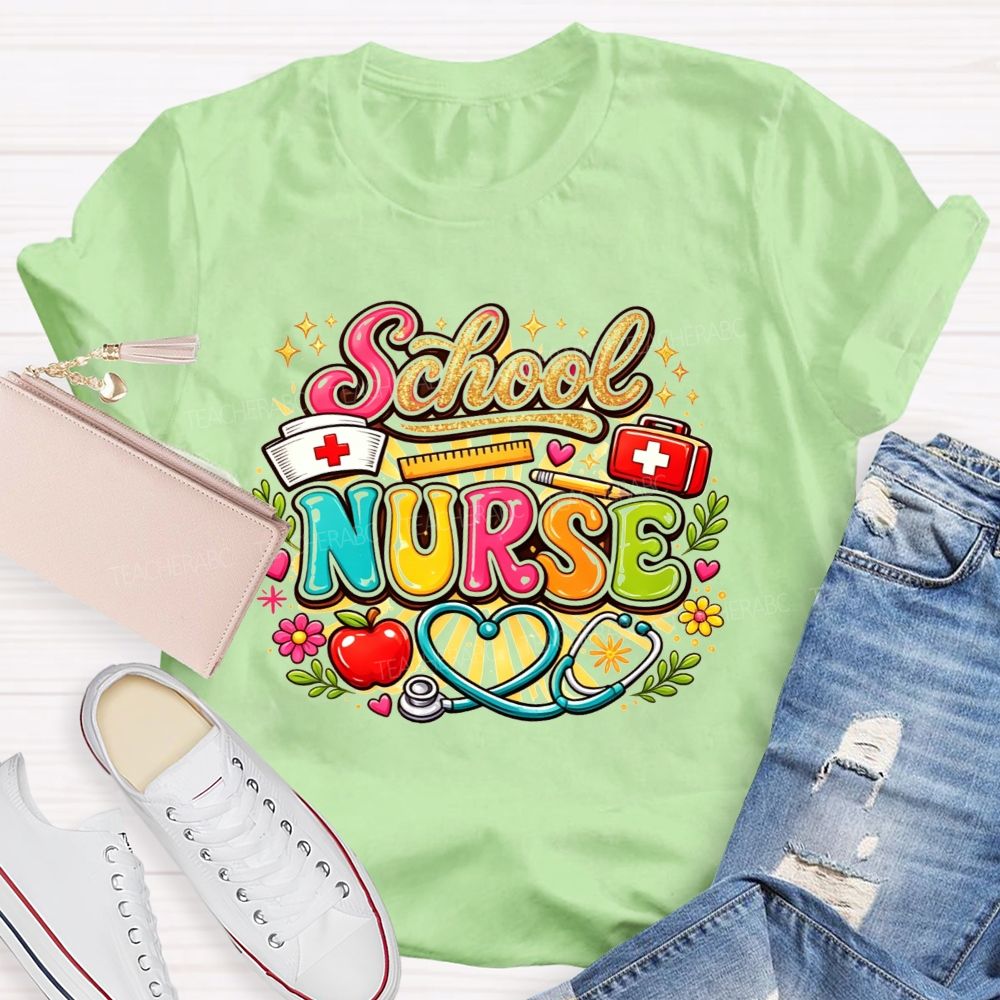 School Nurse Graphic Stethoscope Nurse Cap Apple T-shirt