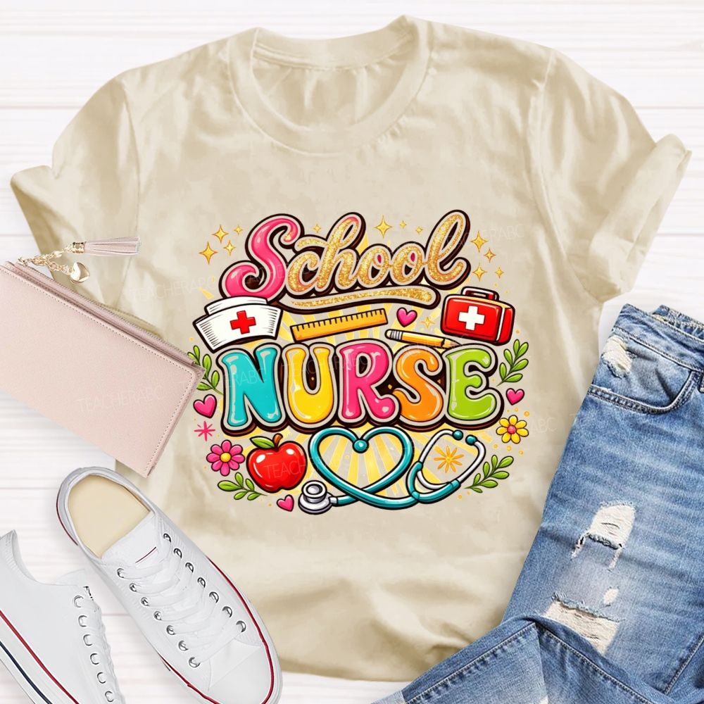 School Nurse Graphic Stethoscope Nurse Cap Apple T-shirt