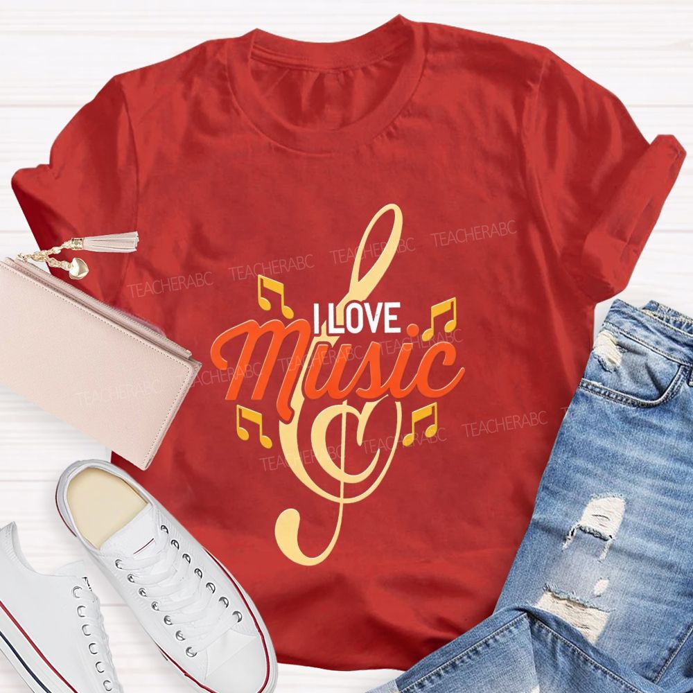 I Love Music Treble Clef Musical Notes Golden Graphic Sublimation T-shirt