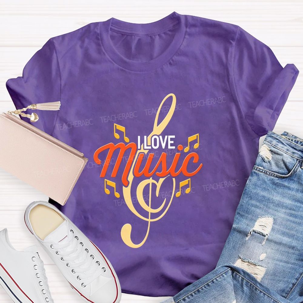 I Love Music Treble Clef Musical Notes Golden Graphic Sublimation T-shirt