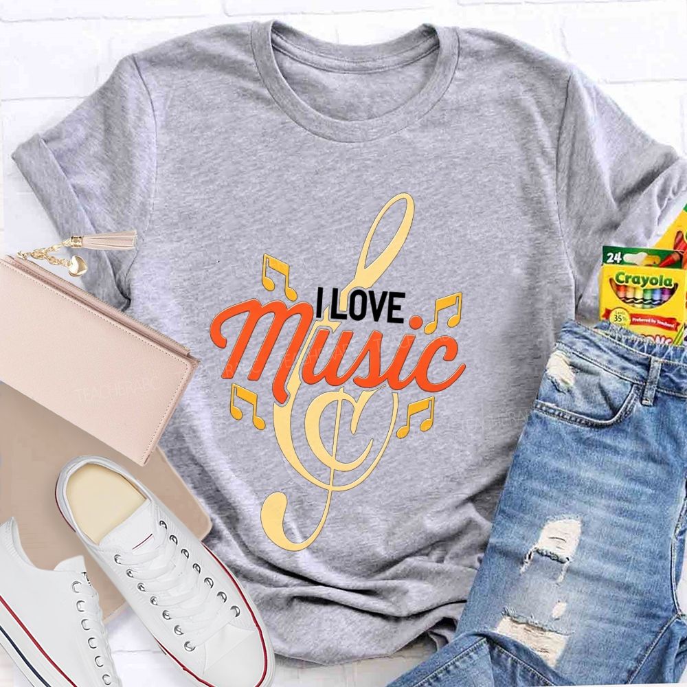 I Love Music Treble Clef Musical Notes Golden Graphic Sublimation T-shirt