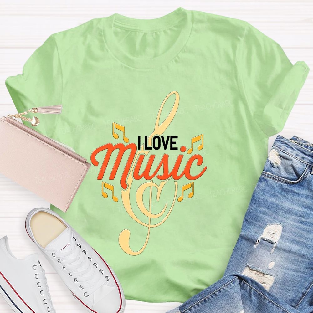 I Love Music Treble Clef Musical Notes Golden Graphic Sublimation T-shirt