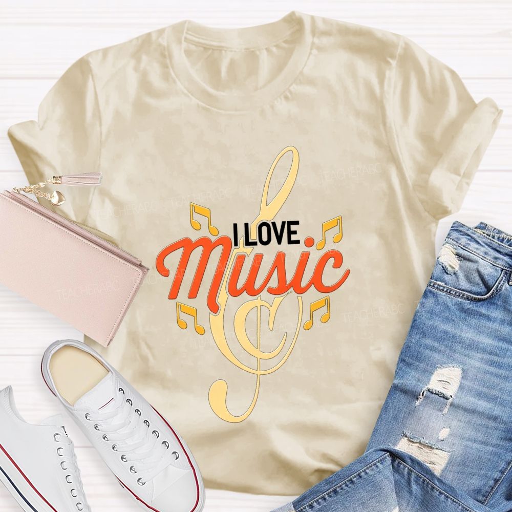 I Love Music Treble Clef Musical Notes Golden Graphic Sublimation T-shirt