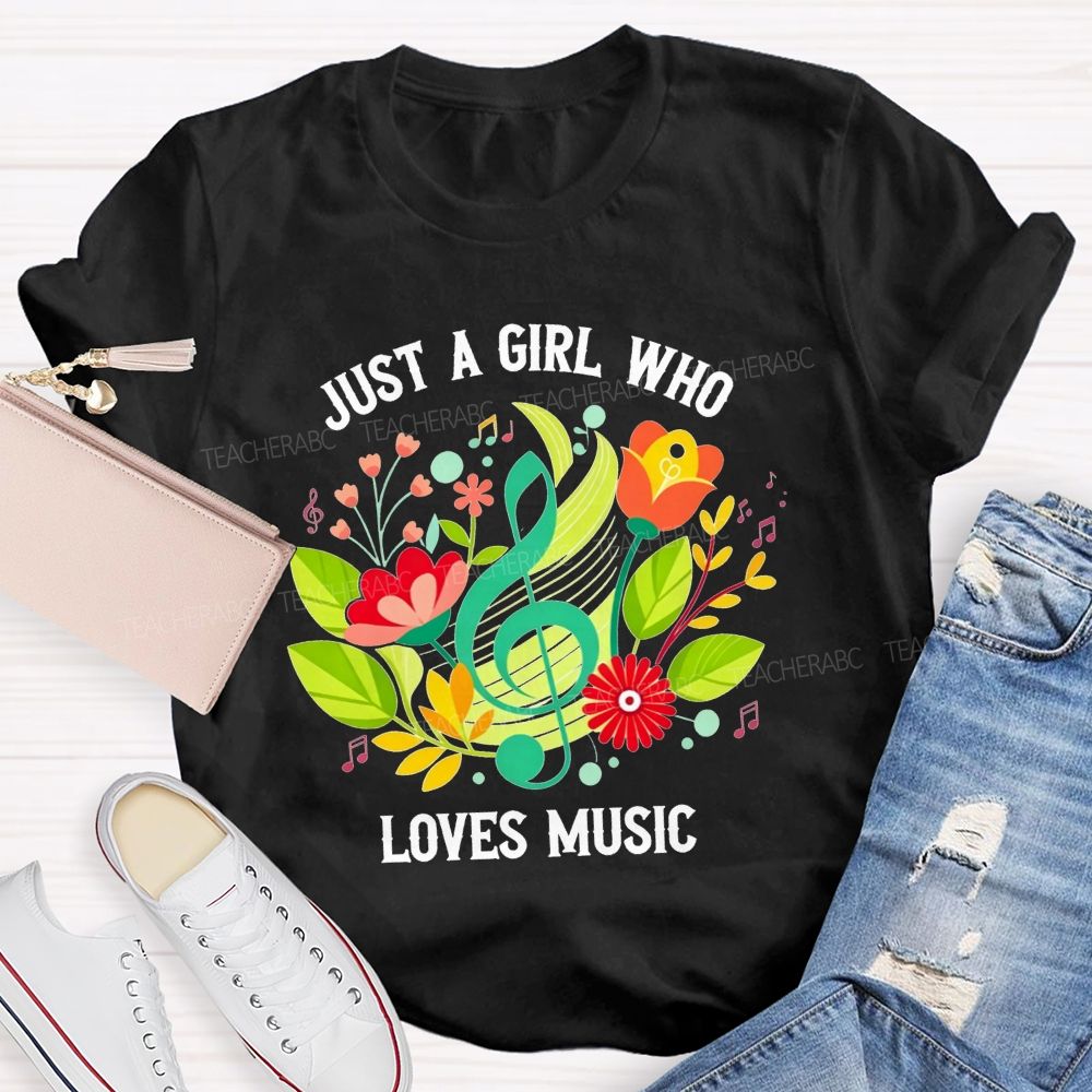 Just A Girl Who Loves Music Floral Treble Clef Musical Notes T-shirt