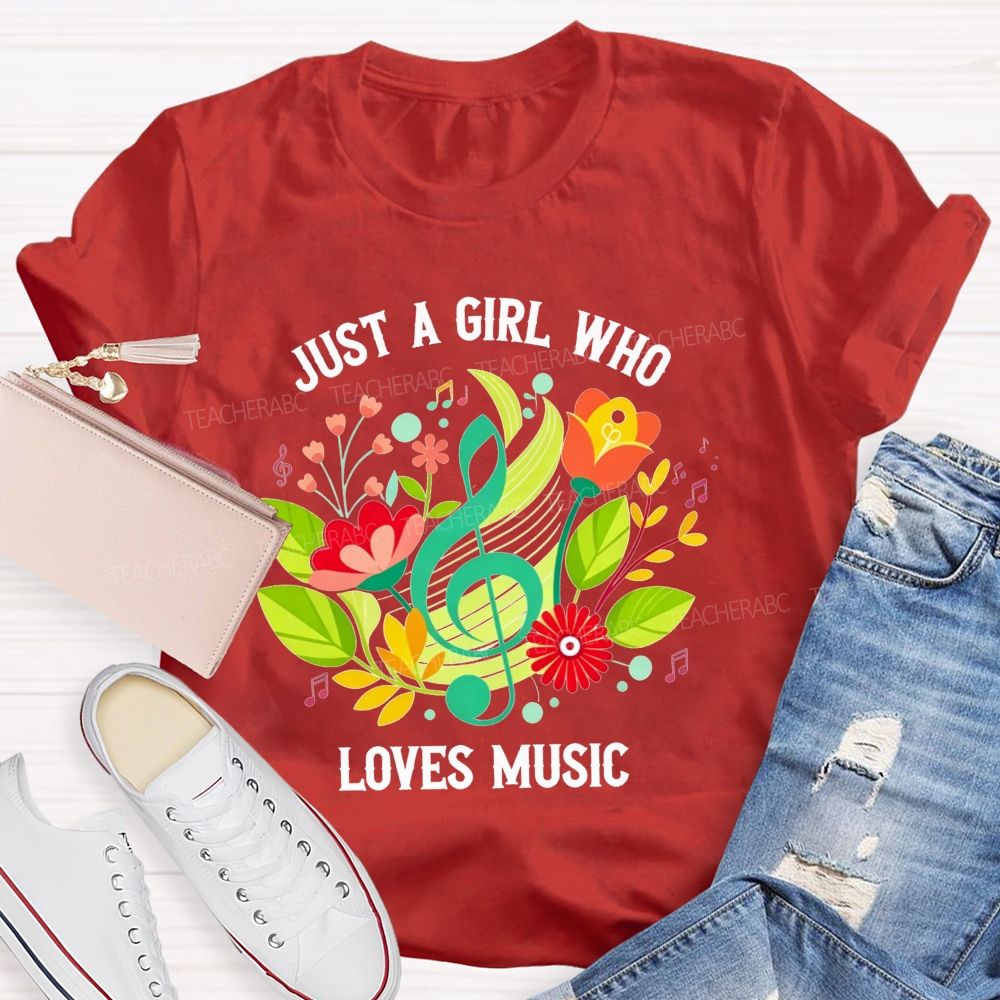 Just A Girl Who Loves Music Floral Treble Clef Musical Notes T-shirt