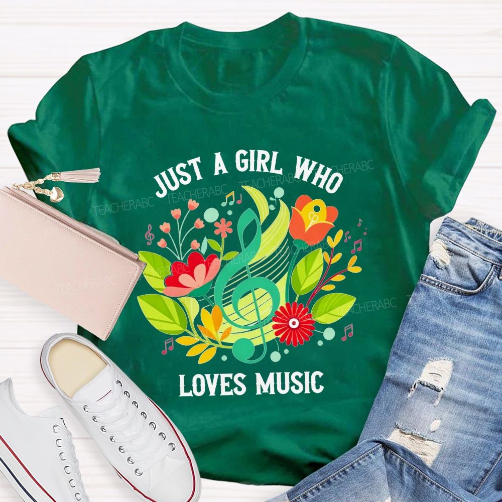 Just A Girl Who Loves Music Floral Treble Clef Musical Notes T-shirt