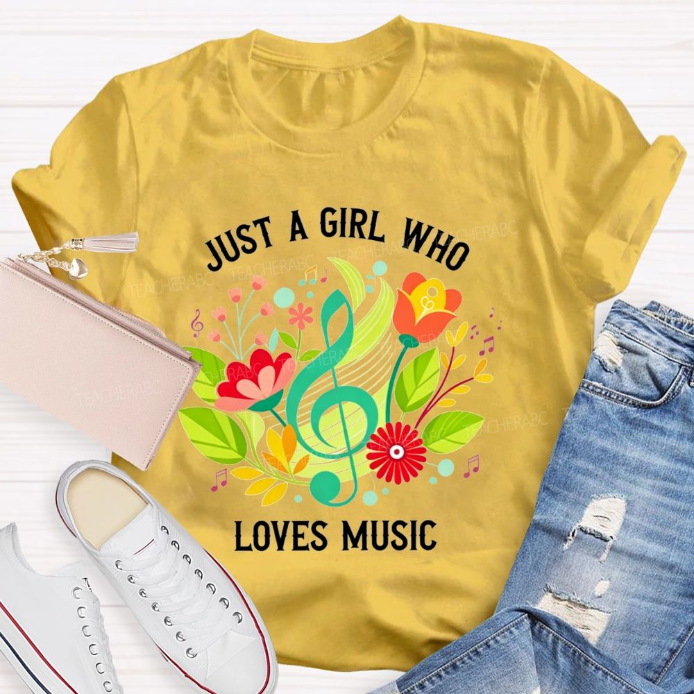 Just A Girl Who Loves Music Floral Treble Clef Musical Notes T-shirt