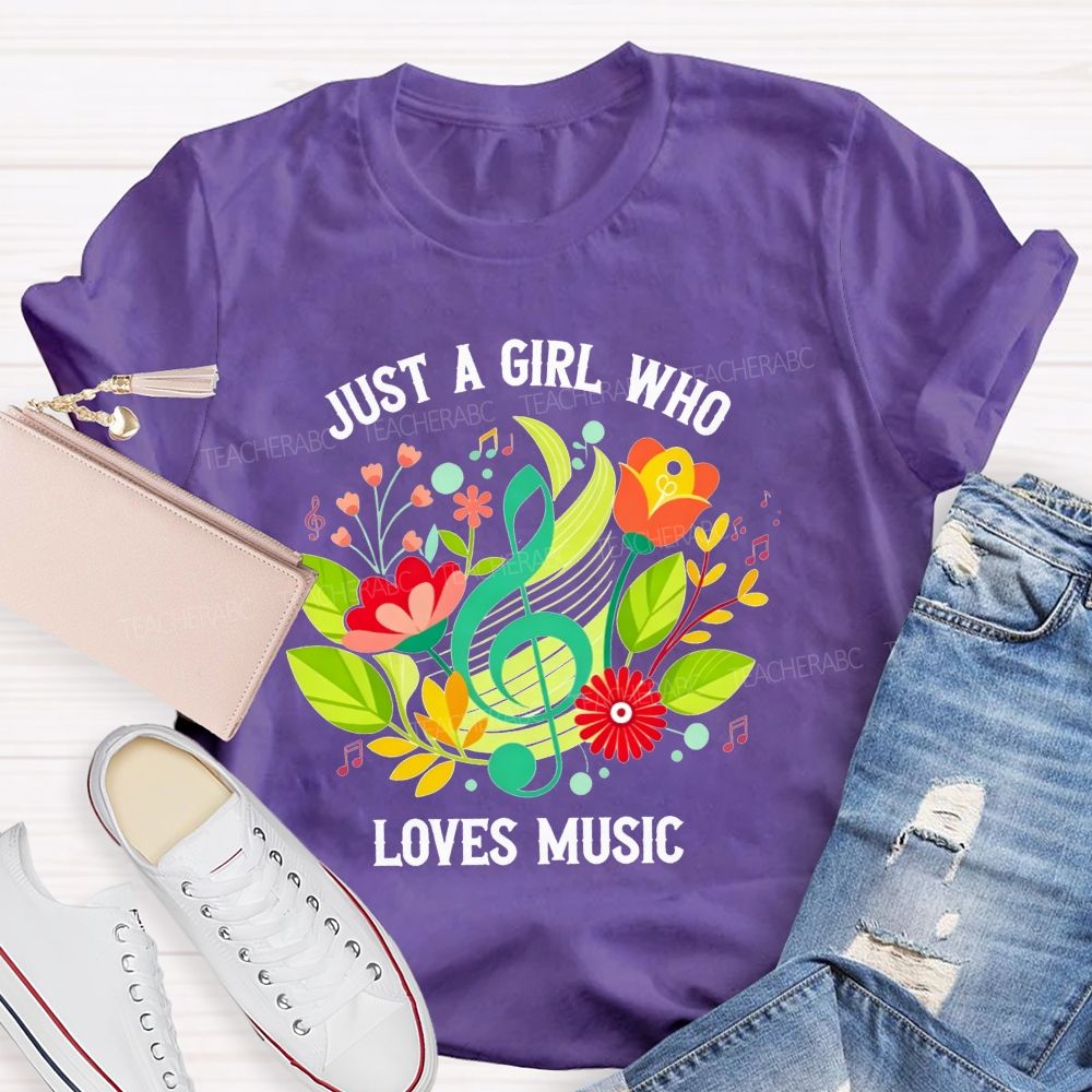 Just A Girl Who Loves Music Floral Treble Clef Musical Notes T-shirt