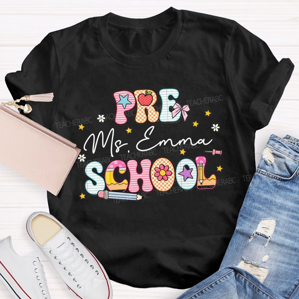 Personalized Name And Grade Pattern Letters Pencil Apple Bow Star Daisy Teacher T-shirt
