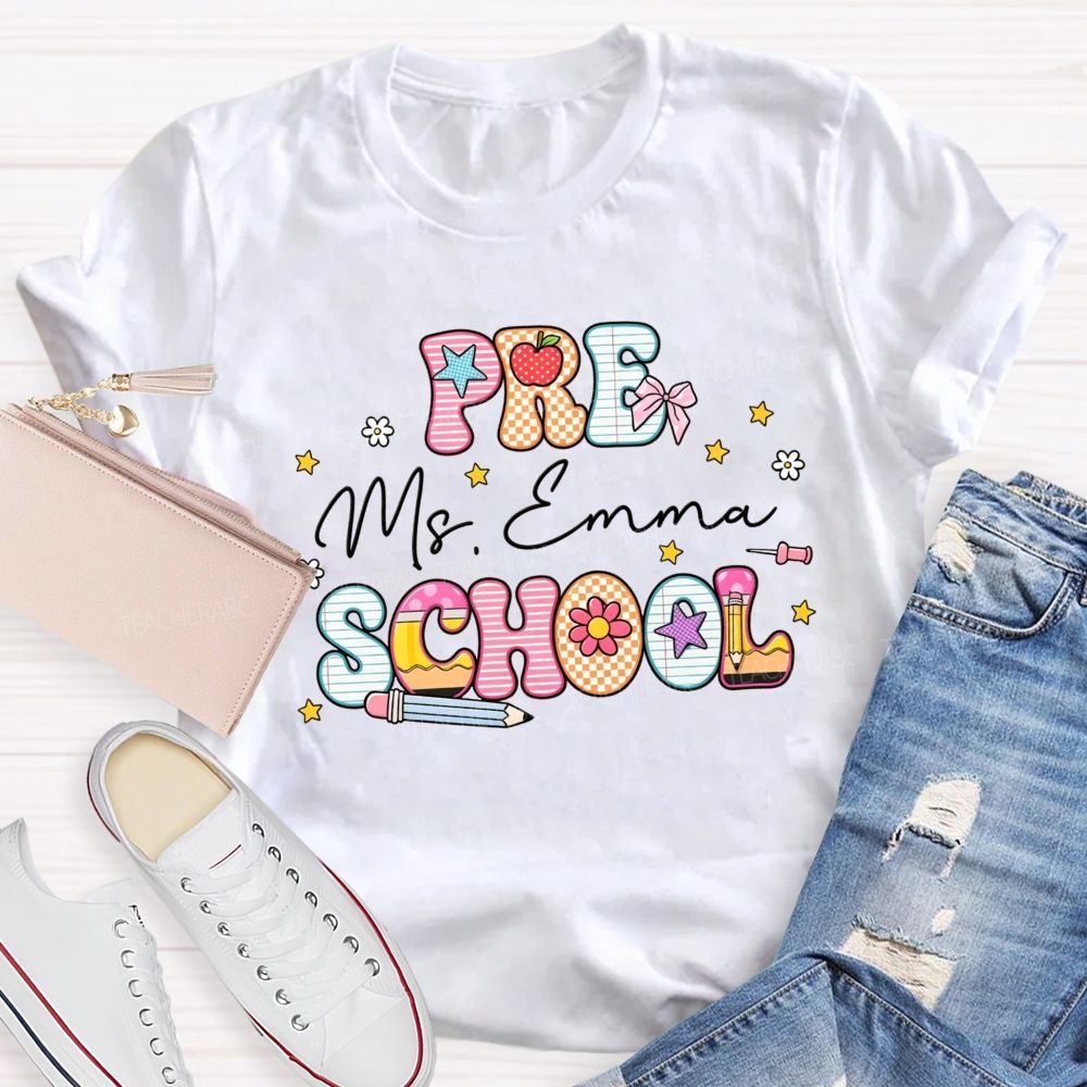 Personalized Name And Grade Pattern Letters Pencil Apple Bow Star Daisy Teacher T-shirt