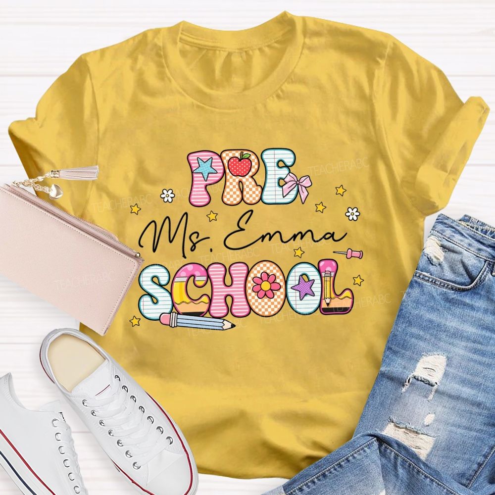 Personalized Name And Grade Pattern Letters Pencil Apple Bow Star Daisy Teacher T-shirt