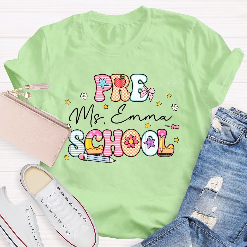 Personalized Name And Grade Pattern Letters Pencil Apple Bow Star Daisy Teacher T-shirt