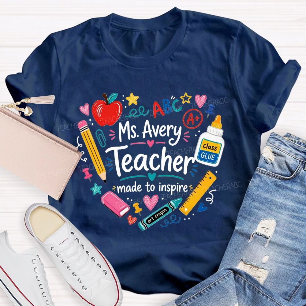Personalized Name Teacher Made To Inspire School Supplies Wreath Apple Pencil T-shirt
