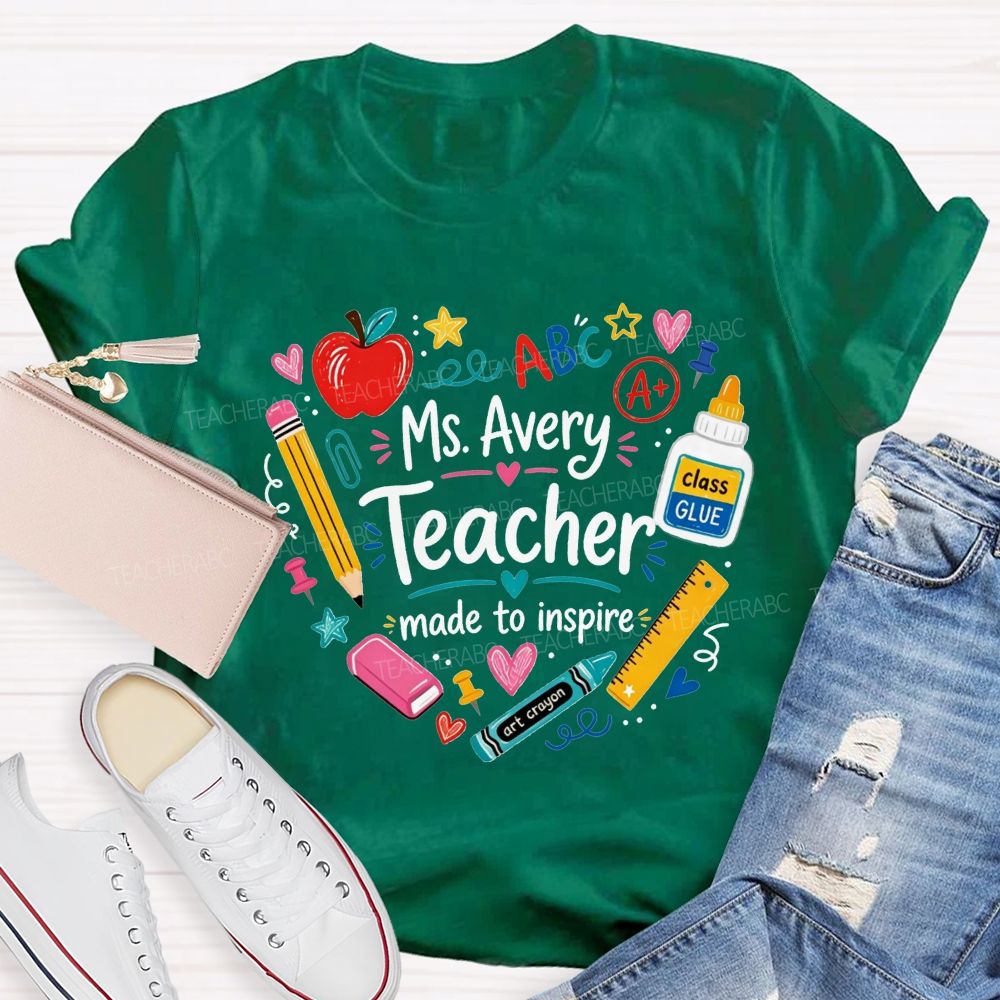 Personalized Name Teacher Made To Inspire School Supplies Wreath Apple Pencil T-shirt